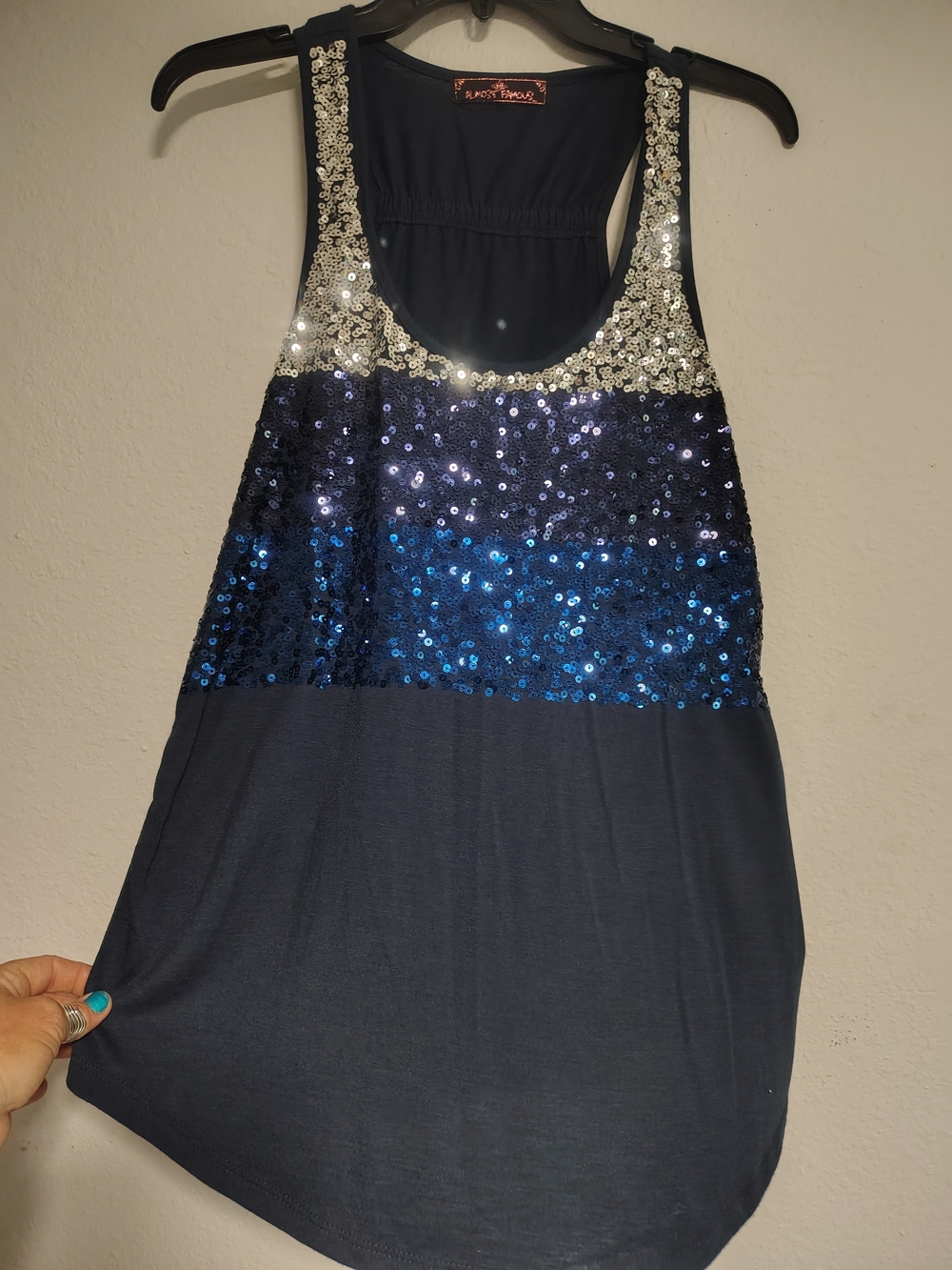 Almost Famous Navy Tank with Silver and Blue Sequins